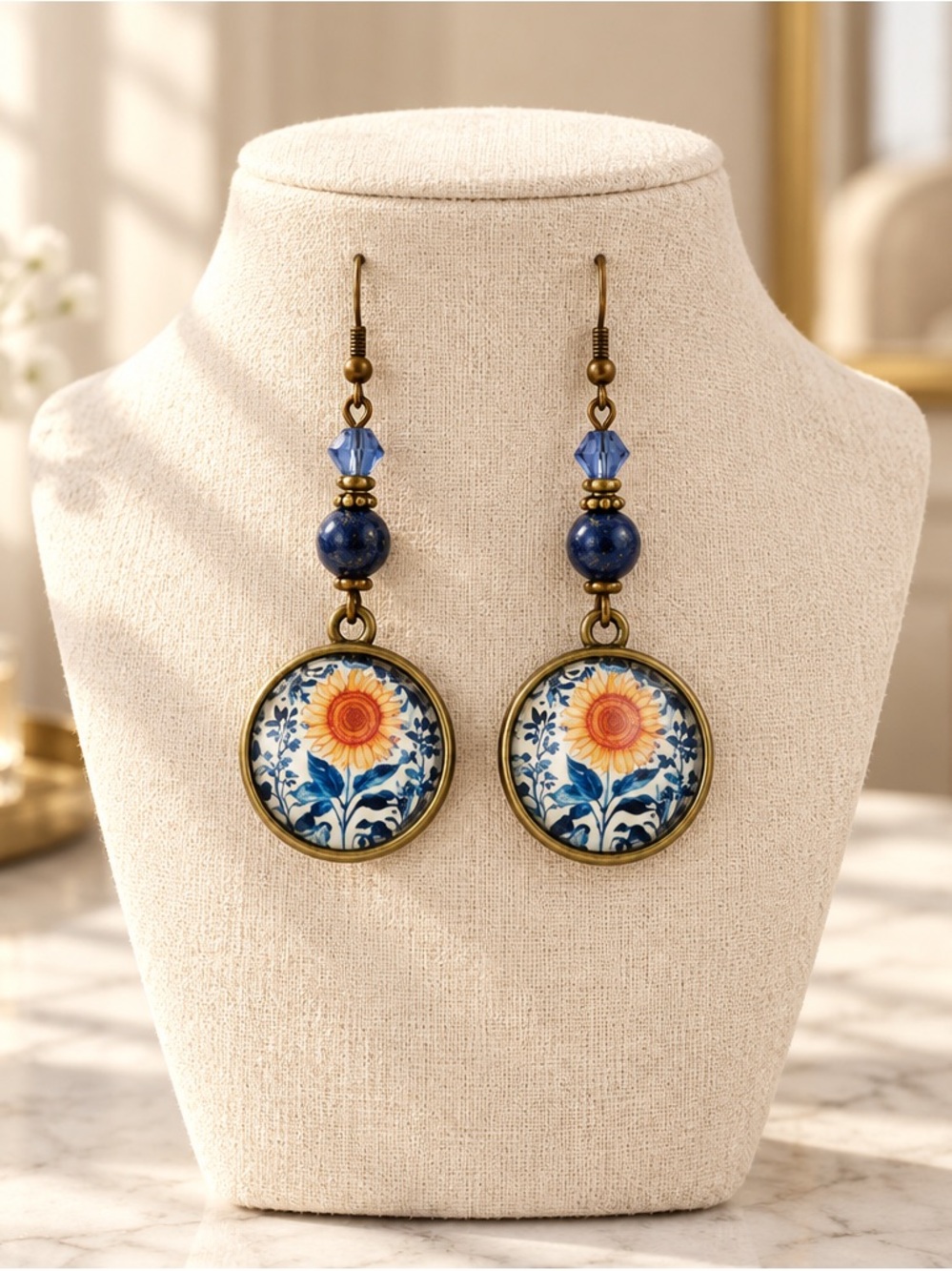 Fashion Jewelry Blue and Gold Sunflower Drop Earrings